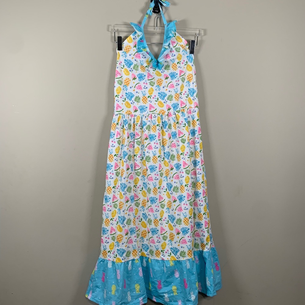 Jelly the Pug NWT Andrea Maxi Mixed Fruit Pattern Halter Dress Size Girl 14